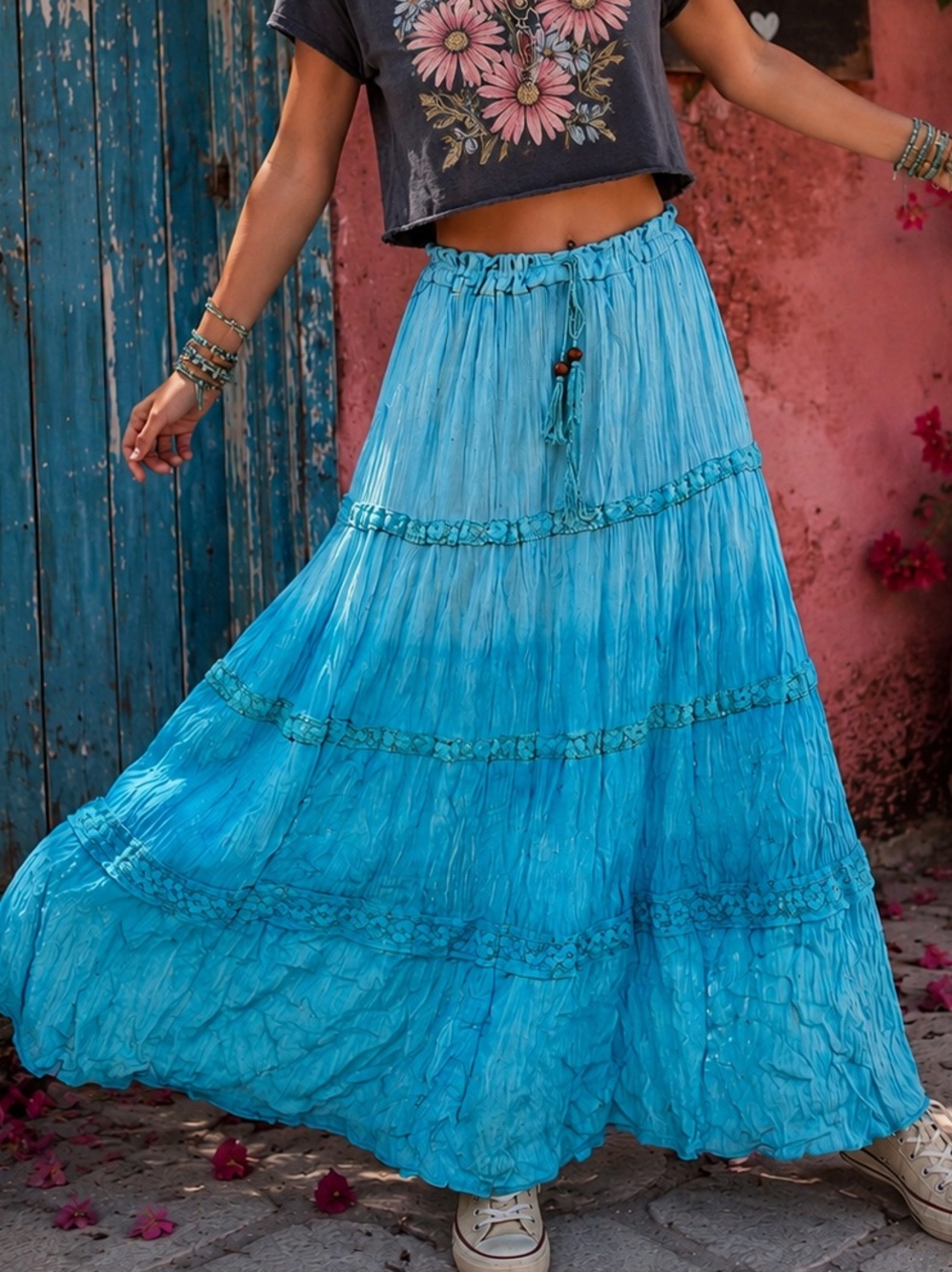 Tiered Ombre Light Blue to Turquoise Maxi Skirt size M